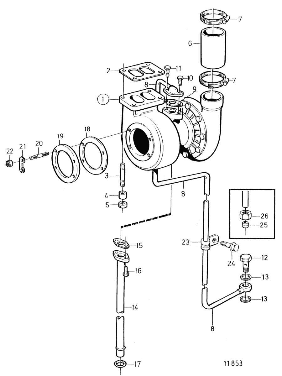 Turbocharger and installation components,low mounted