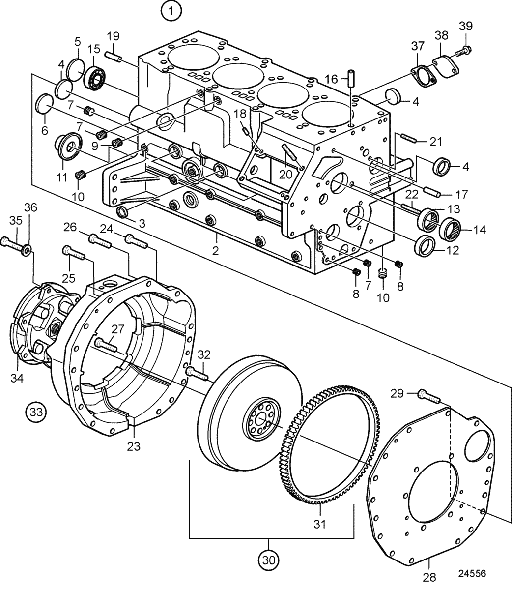 Bloc-cylindres et carter de volant moteur
